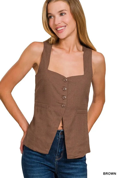 Zenana Linen Tie-back 4-button Vest with Lining BROWN Easy Apparels