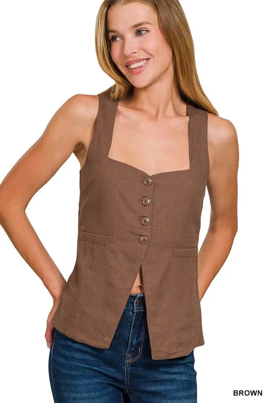 Zenana Linen Tie-back 4-button Vest with Lining BROWN Easy Apparels
