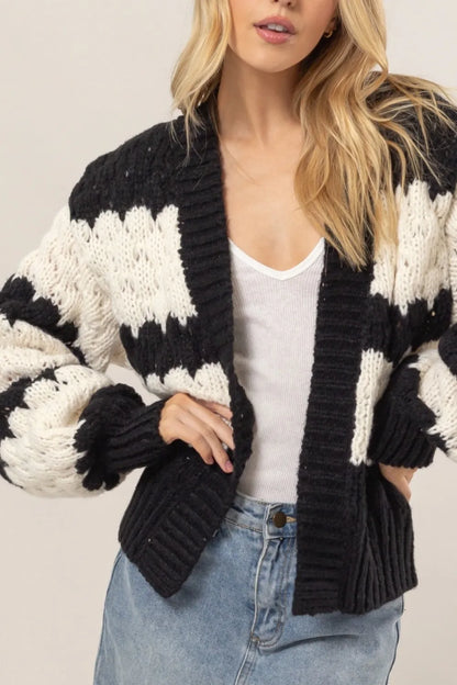 HYFVE Scallop Striped Open Front Long Sleeve Sweater Cardigan Easy Apparels