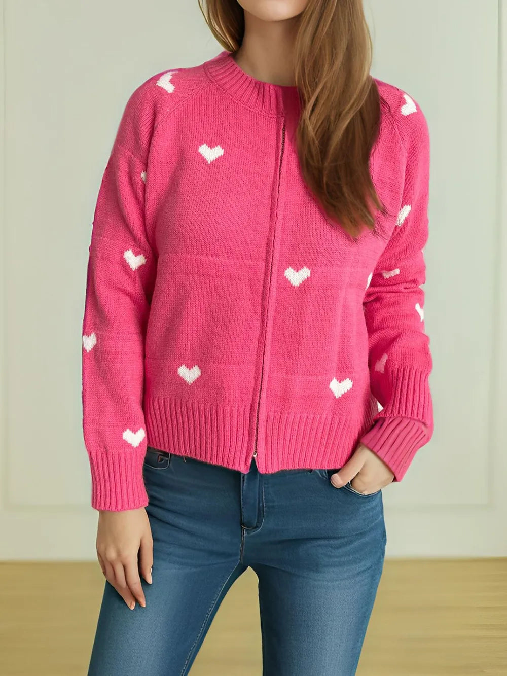 Heart Round Neck Zip Up Cardigan Hot Pink One Size Easy Apparels