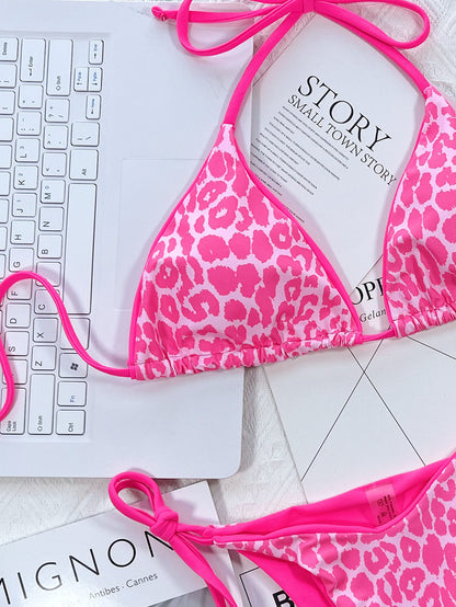 Leopard Print Halter Neck Tie Side Bikini Set Easy Apparels