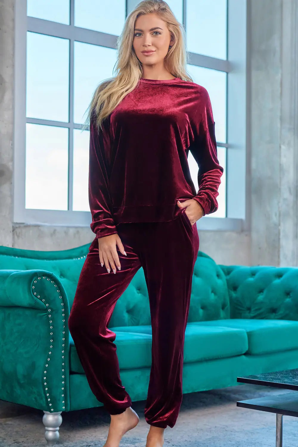Long Sleeve Top and Pants Lounge Set Wine Easy Apparels