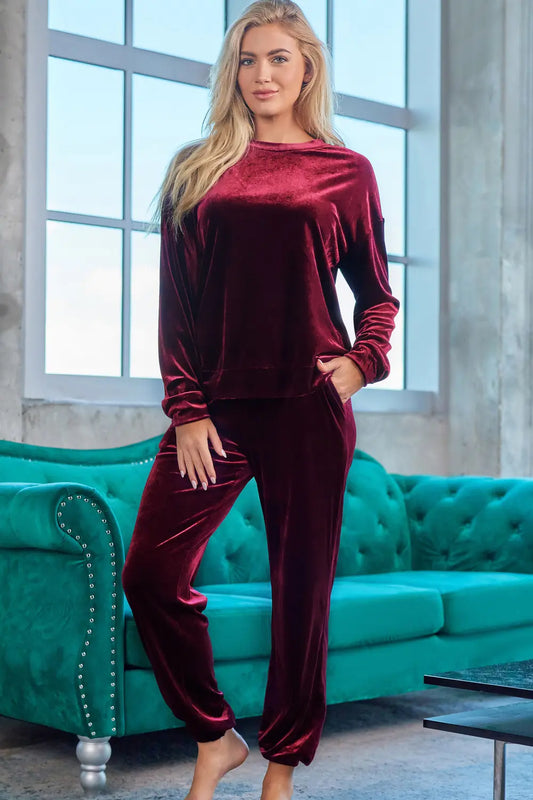 Long Sleeve Top and Pants Lounge Set Wine Easy Apparels