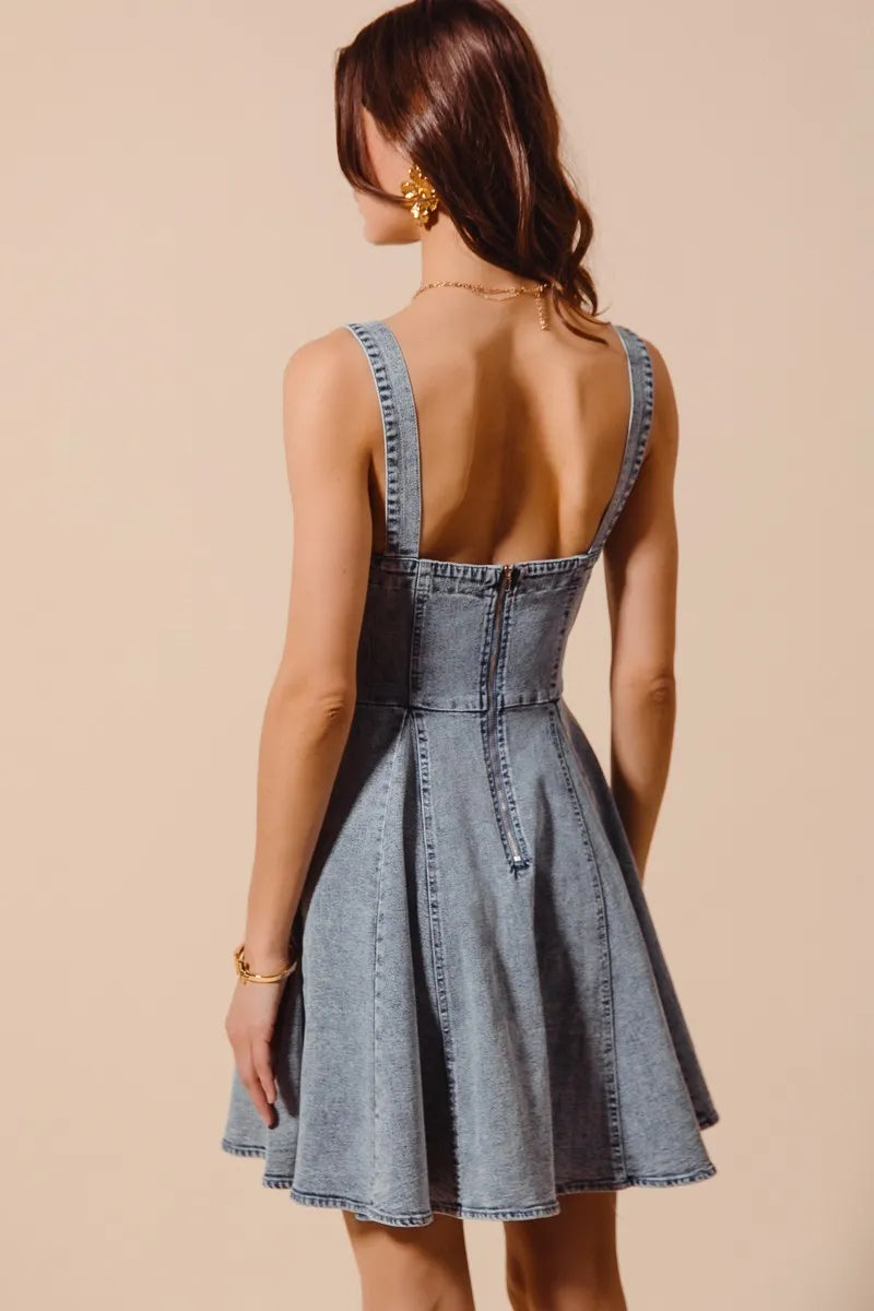 SO ME Mineral Washed Bow Ribbon Denim Flare Dress Easy Apparels