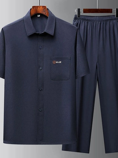 Men's Full Size Button Up Short Sleeve Top and Pants Set Plus Size Navy Easy Apparels