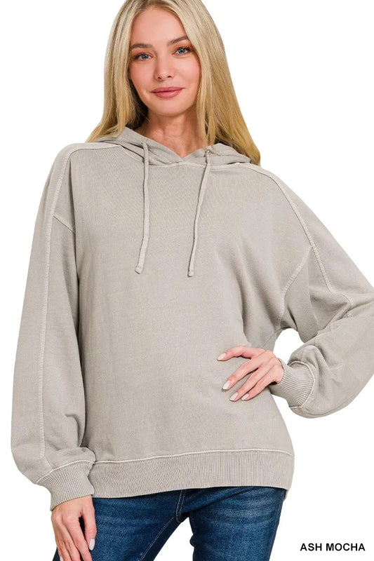 Trendsi Zenana French Terry Pigment Dye & Enzyme Washing Hoodie ASH MOCHA