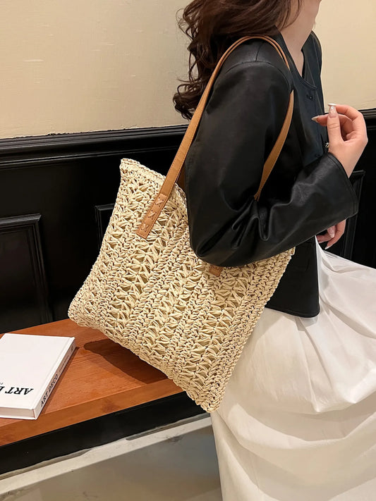 Woven Straw Summer Shoulder Bag with Leather Handles Easy Apparels