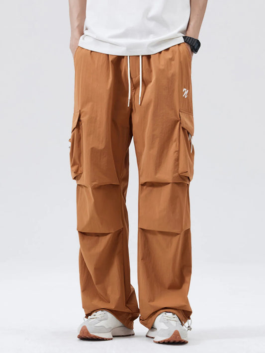 Men's Full Size Multi-Pocket Cargo Utility Pants with Drawstring Plus Size Orange Easy Apparels