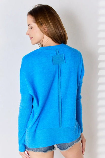 Trendsi Zenana Ribbed Trim Round Neck Long Sleeve Top