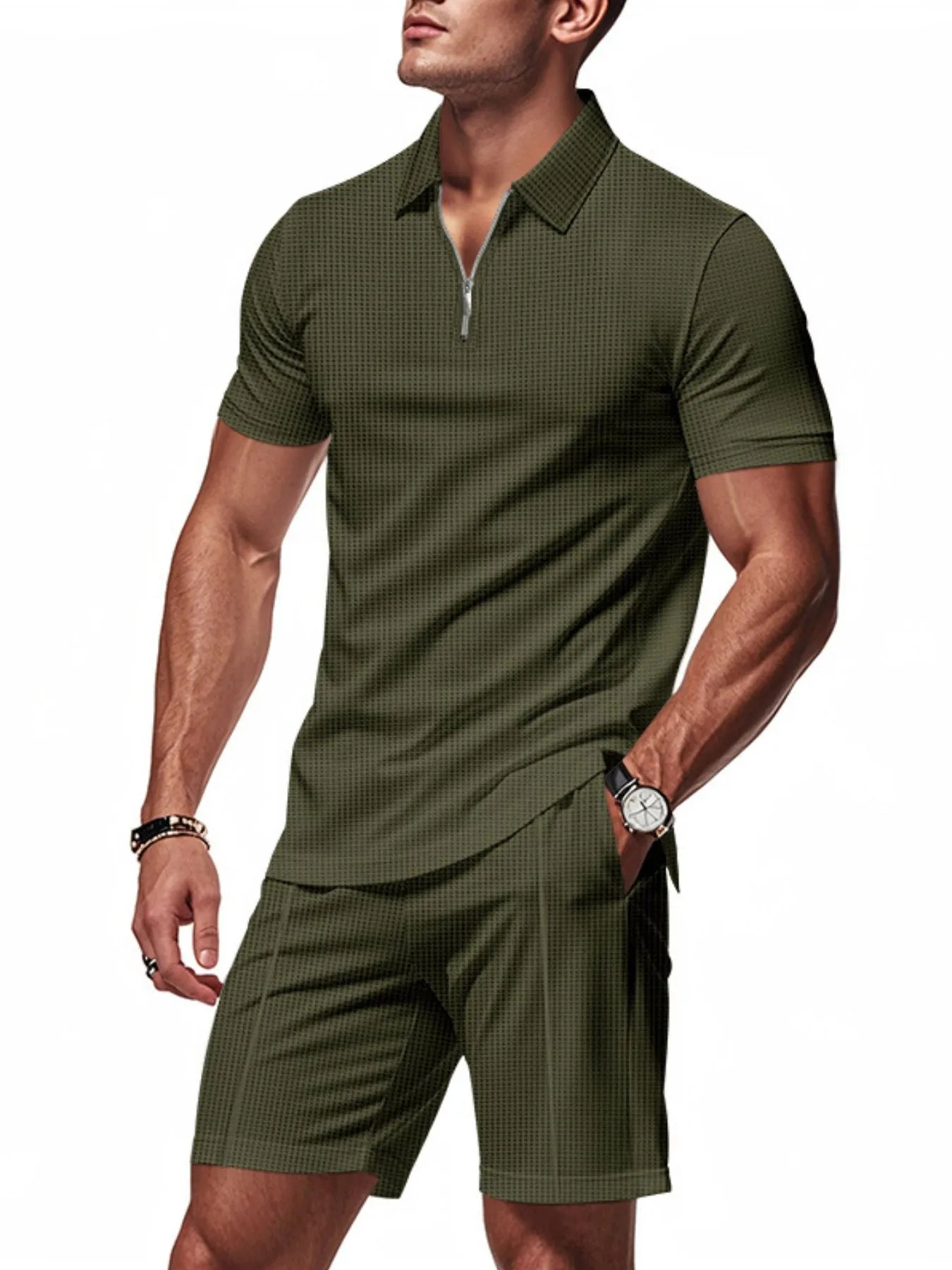 Men's Plus Size Quarter Zip Short Sleeve Top and Shorts Set Army Green Easy Apparels