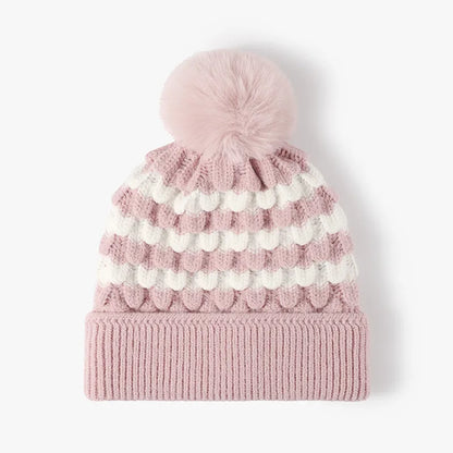 Striped Contrast Knit Hat with Pom-pom Blush Pink One Size Easy Apparels