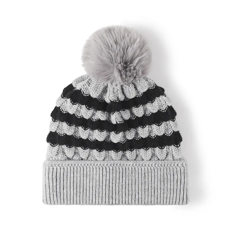 Striped Contrast Knit Hat with Pom-pom Gray One Size Easy Apparels