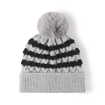 Striped Contrast Knit Hat with Pom-pom Gray One Size Easy Apparels