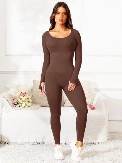 Scoop Neck Long Sleeve Active Jumpsuit Brown Easy Apparels