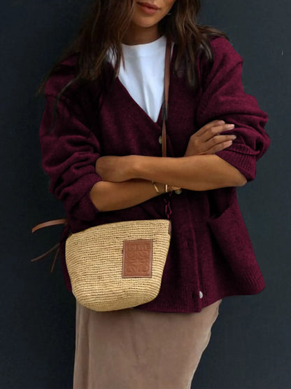 Button-Front Long Sleeve Cardigan Burgundy Easy Apparels