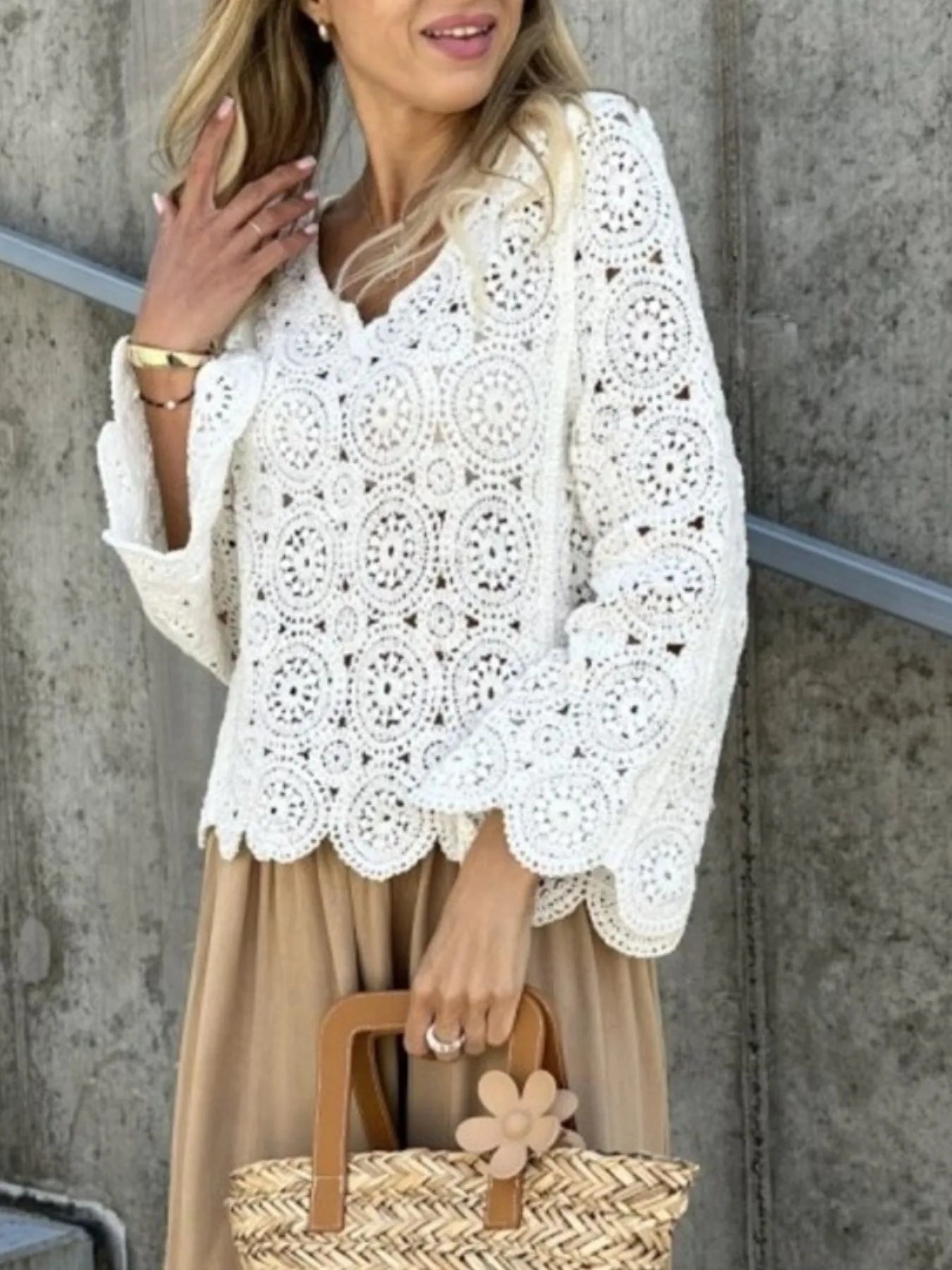 Trendsi Crochet Lace V-Neck Bell Sleeve Knit Top