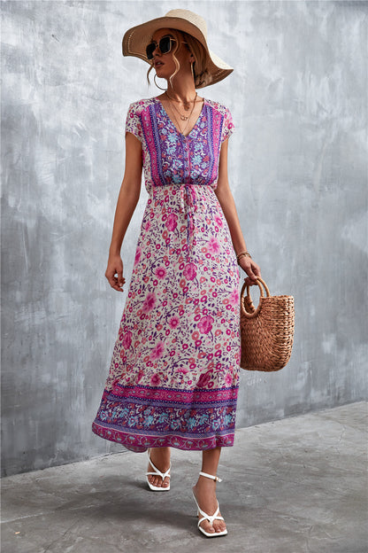 Trendsi V-Neck Short Sleeve Printed Maxi Dress Purple