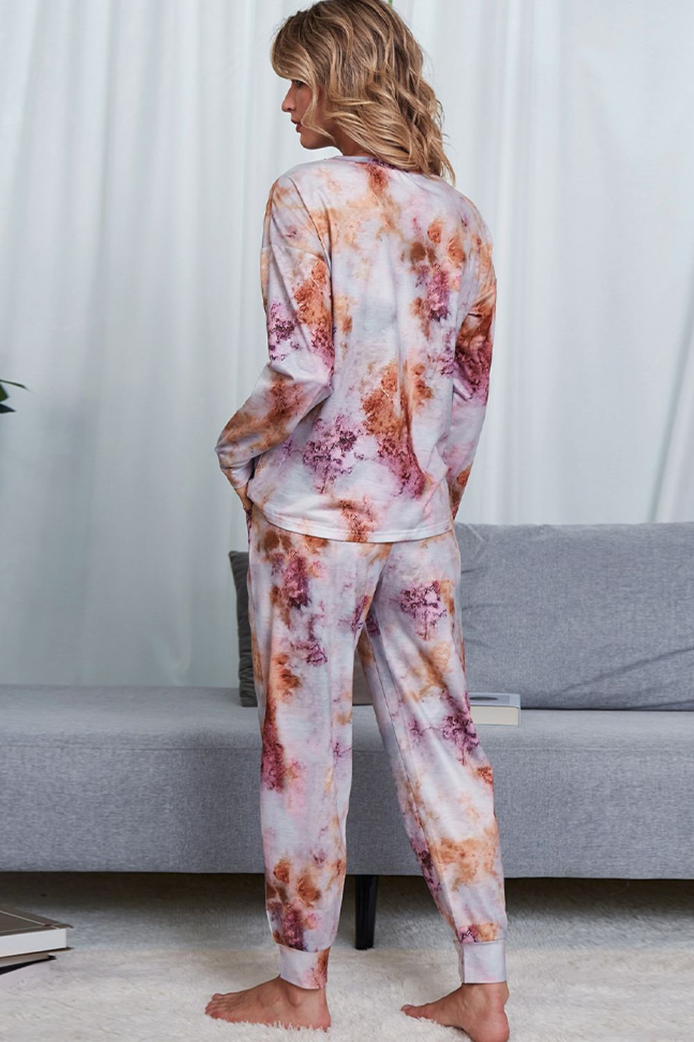 Shiny Tie-Dye Crewneck Top and Drawstring Waist Joggers Lounge Set Easy Apparels