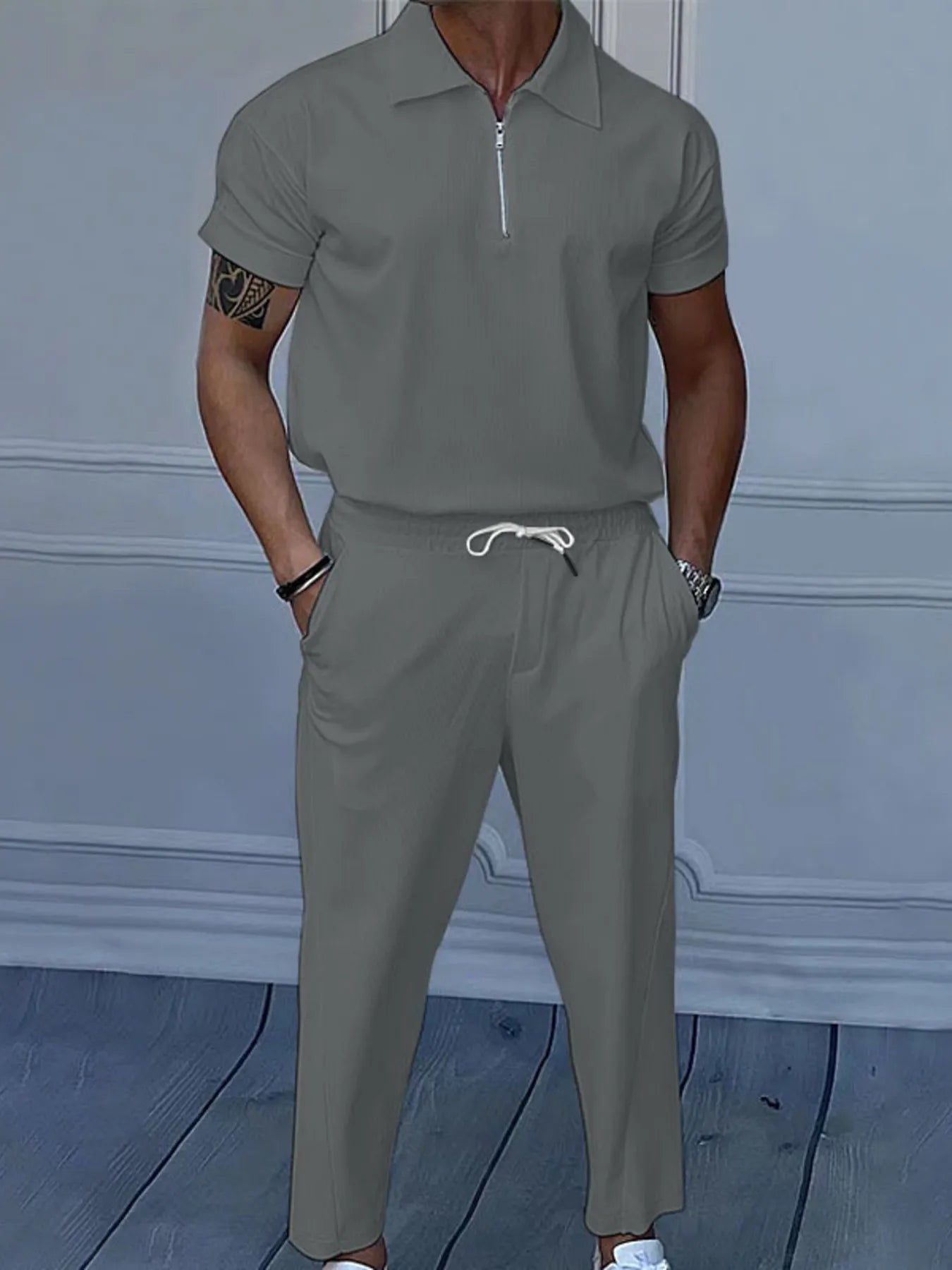Men's Full Size Quarter Zip Short Sleeve Polo and Pants Set Plus Size Dark Gray Easy Apparels