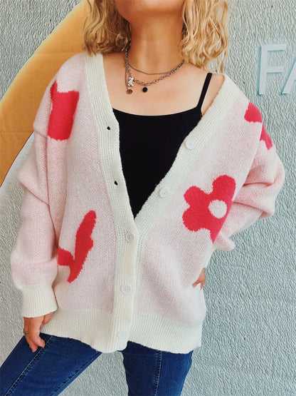 Flower Button Down V-Neck Long Sleeve Cardigan Easy Apparels