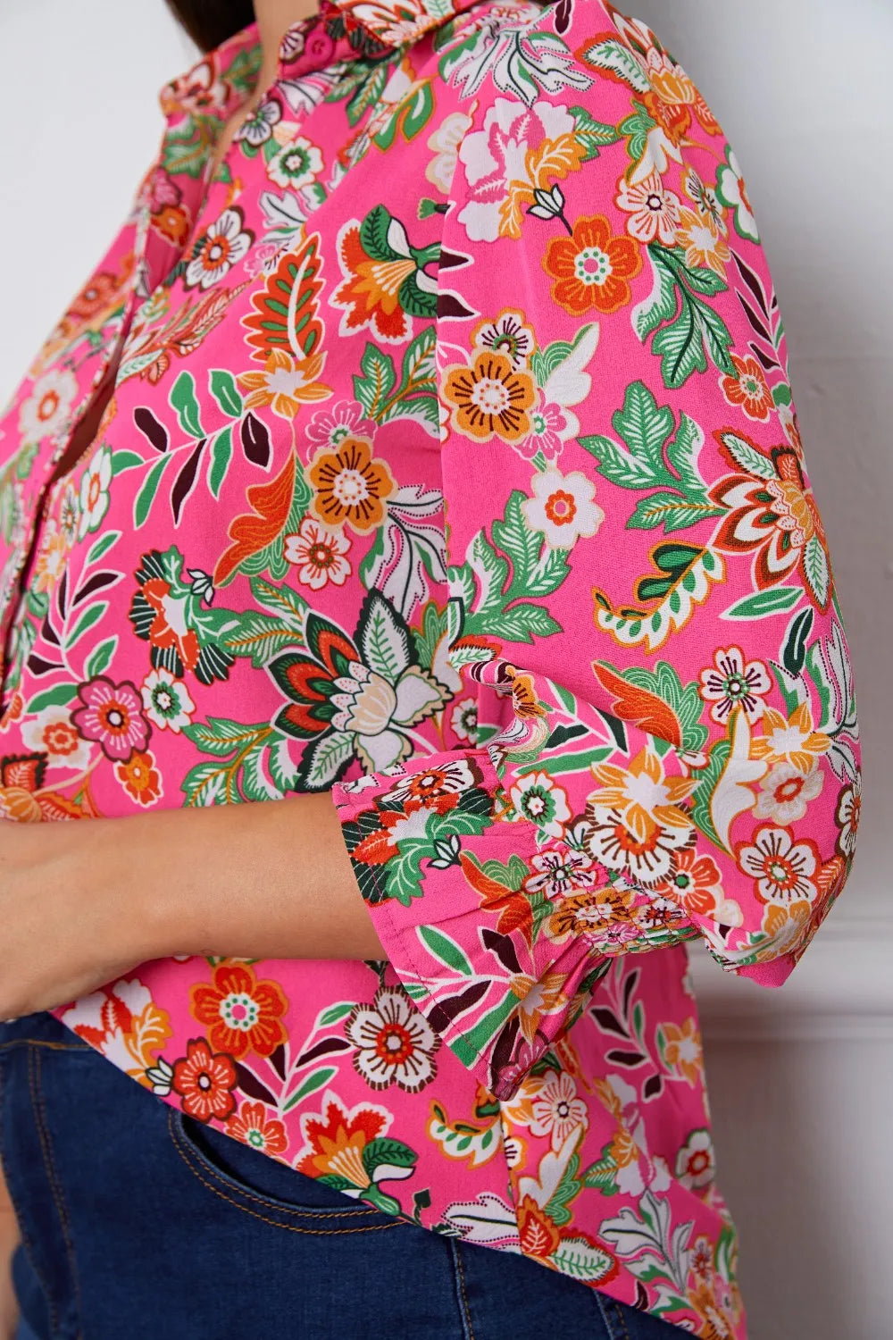 Trendsi Floral Button Up Flounce Sleeve Shirt