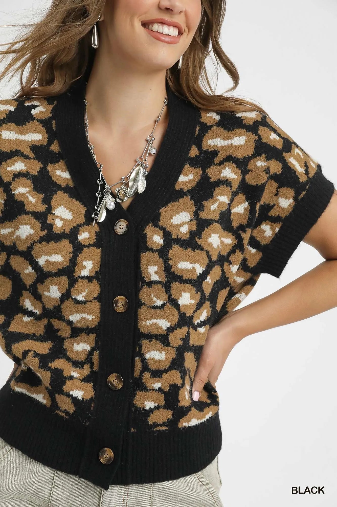 Umgee Leopard Button Down Short Sleeve Cardigan Easy Apparels