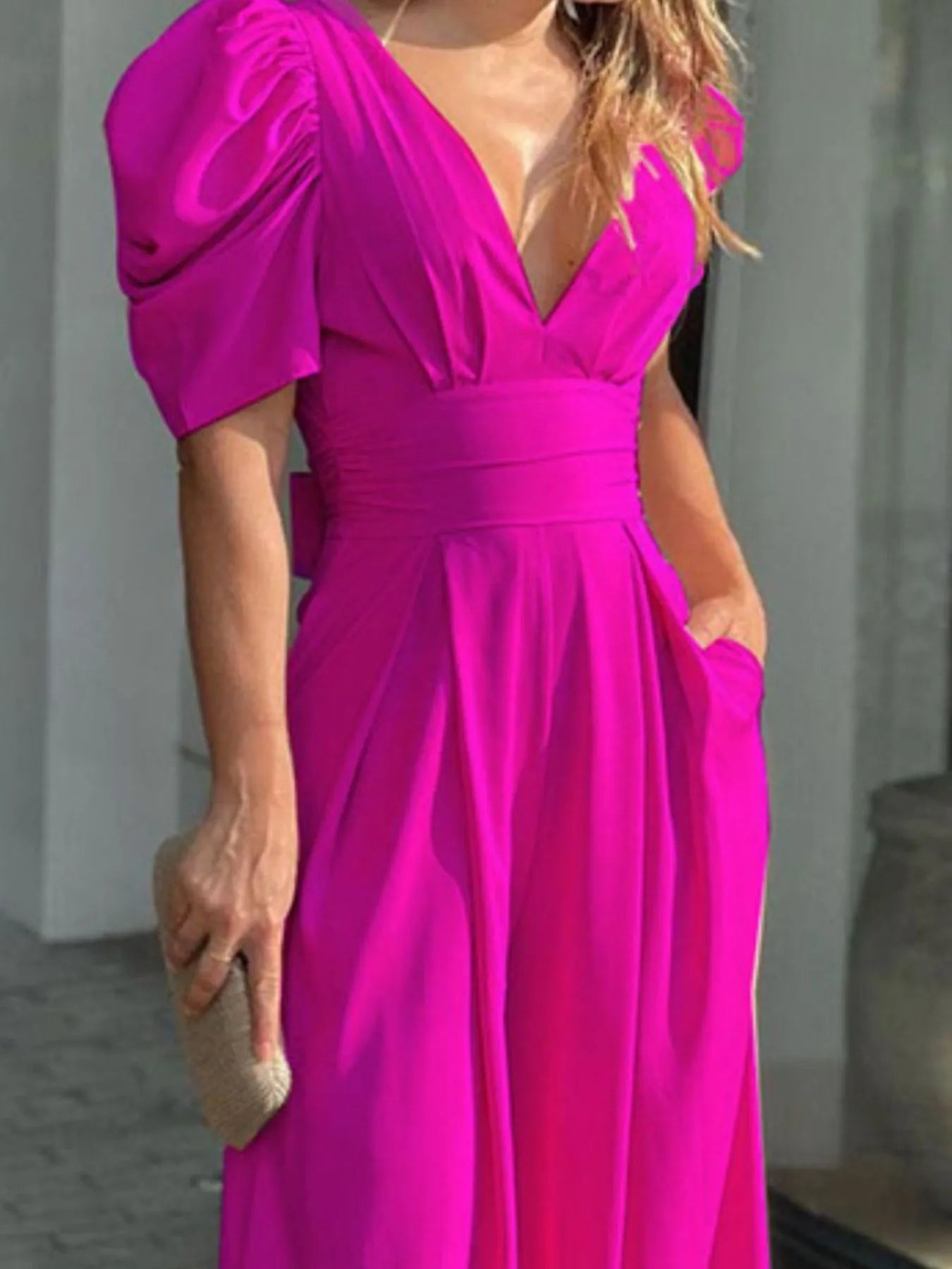 Full Size Cutout V-Neck Puff Sleeve Jumpsuit Plus Size Easy Apparels