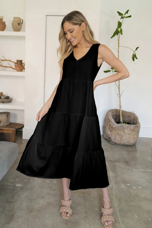 FAM-FAM Tiered V-Neck Sleeveless Dress Black Easy Apparels