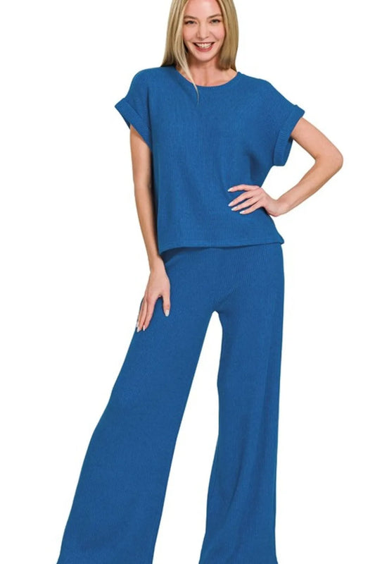 Zenana Rolled Sleeve Top and Pants Sweater Set CLASSIC BLUE Easy Apparels