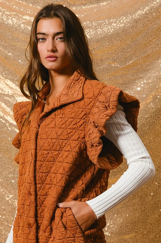 BiBi Quilting Knit Ruffle Sleeve Vest RUST Easy Apparels