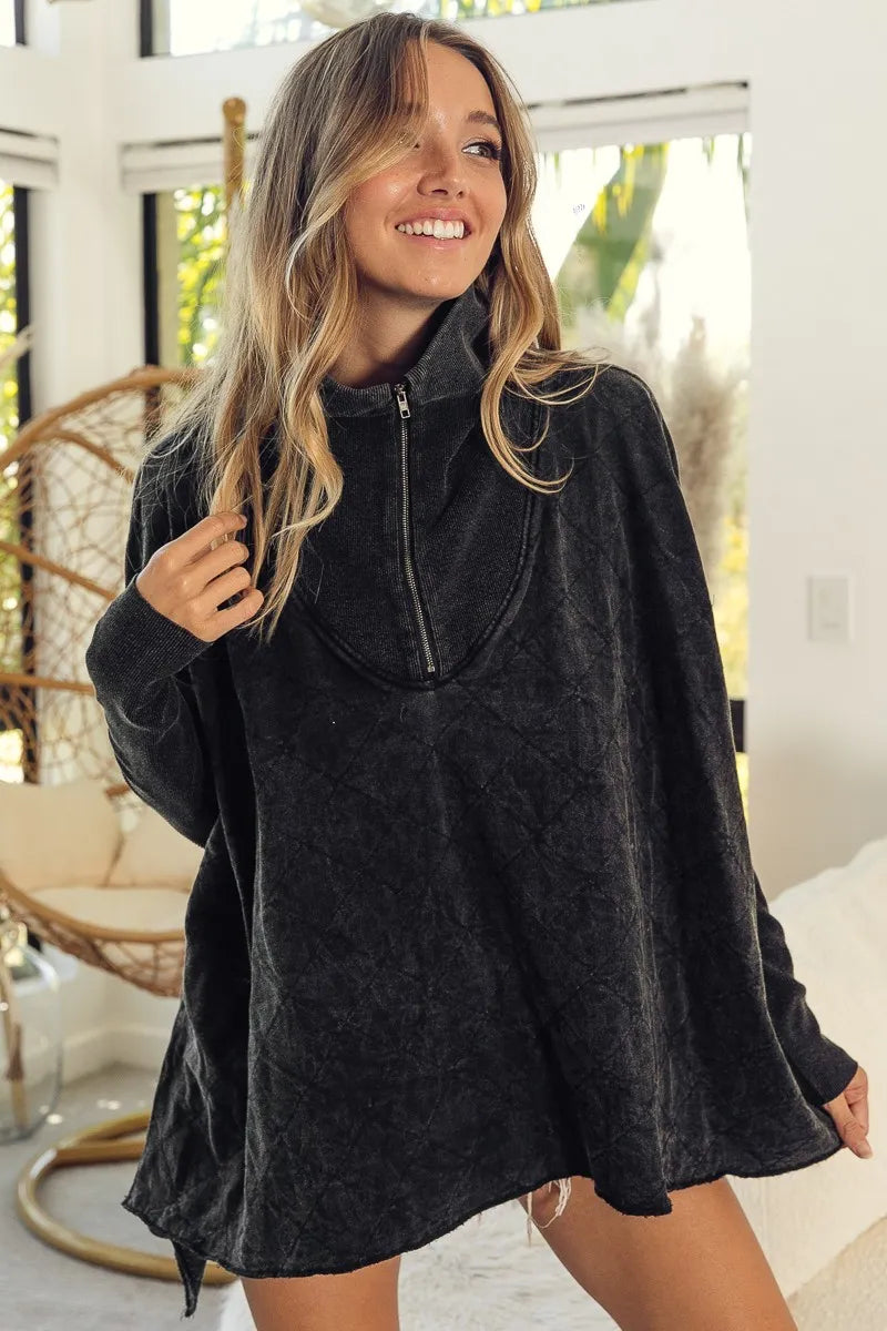 Trendsi BiBi Vintage Washed Quilted Half Zip Top BLACK CHARCOAL