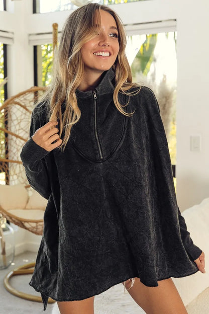 Trendsi BiBi Vintage Washed Quilted Half Zip Top BLACK CHARCOAL