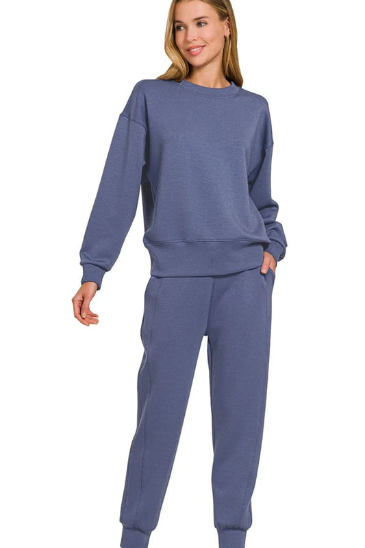 Zenana Scuba Crewneck Pullover & Joggers 2 Pieces Set BLUE INDIGO Easy Apparels
