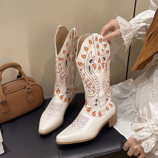 Point Toe Block Heels Boots Beige Easy Apparels