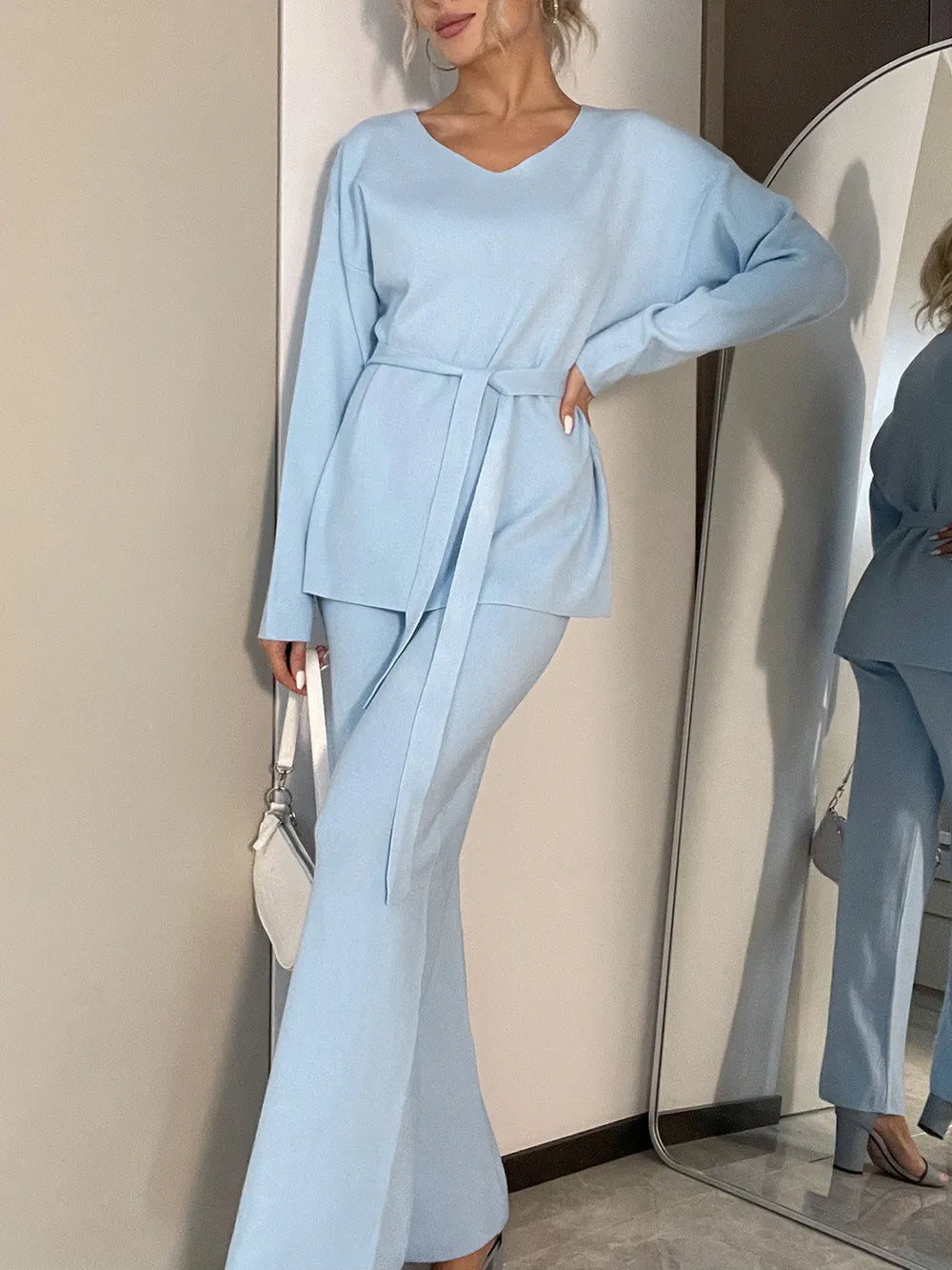 V-Neck Long Sleeve Top and Drawstring Pants Sweater Set Easy Apparels