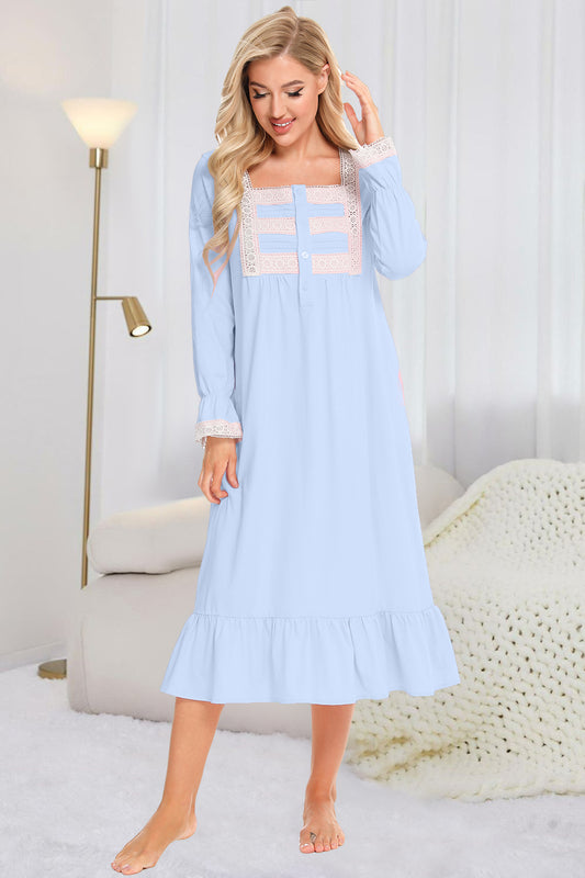 Lace Detail Square Neck Flounce Sleeve Night Dress Pastel Blue Easy Apparels
