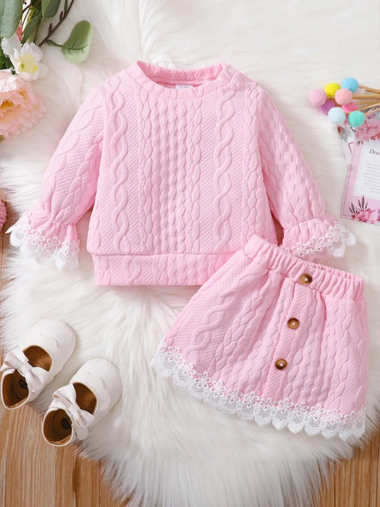 Children's Lace Detail Top and Skirt Set Pink Easy Apparels