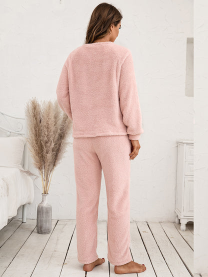 Ivy Lane Teddy Long Sleeve Top and Pants Lounge Set Easy Apparels