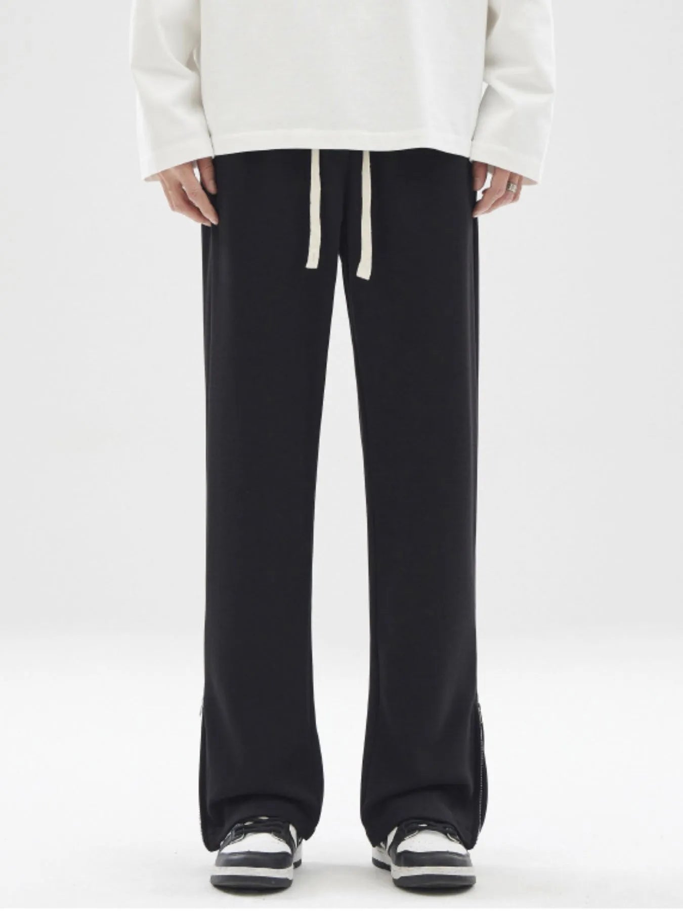Men's Plus Size Wide Leg Drawstring Pants with Side Zipper Black Easy Apparels