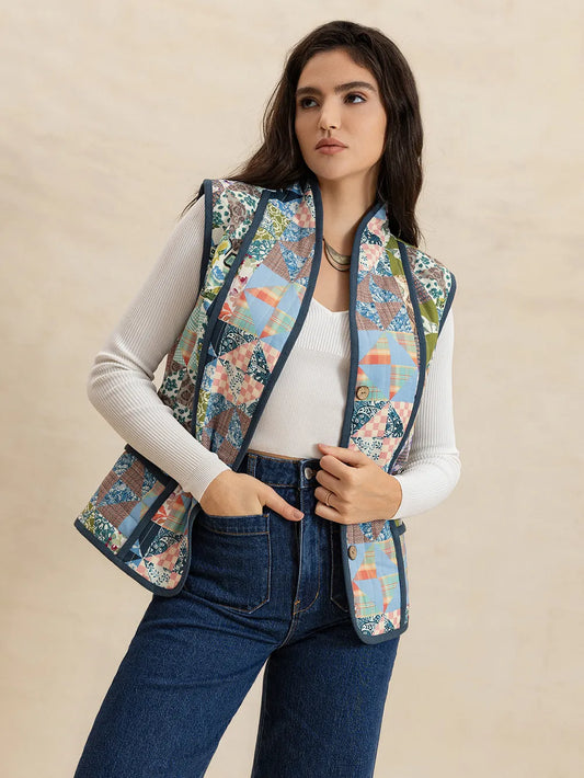 Printed Patchwork Contrast Piping Vest Multicolor Easy Apparels