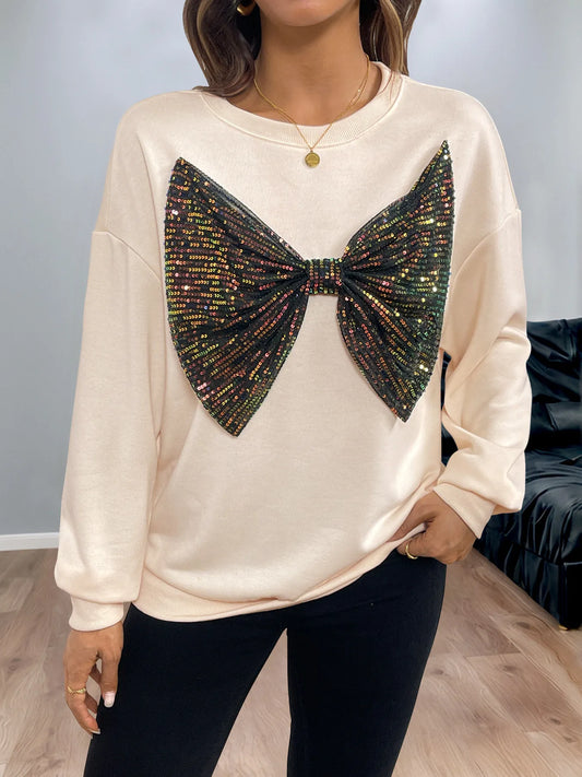 Trendsi Sequined Bow Round Neck Sweatshirt Apricot