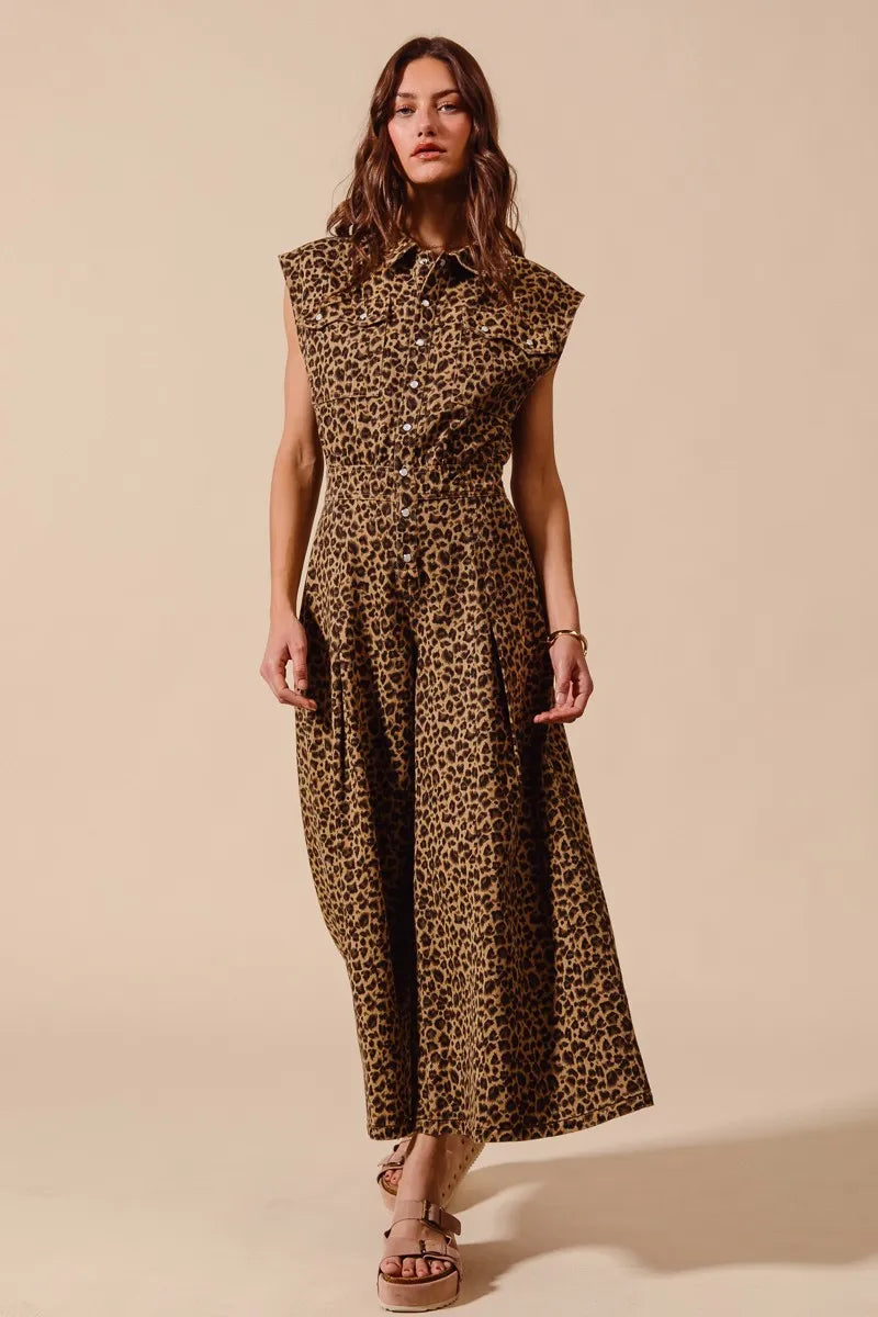 SO ME Wide Leg Leopard Twill Overalls Jumpsuit with Tuck Easy Apparels