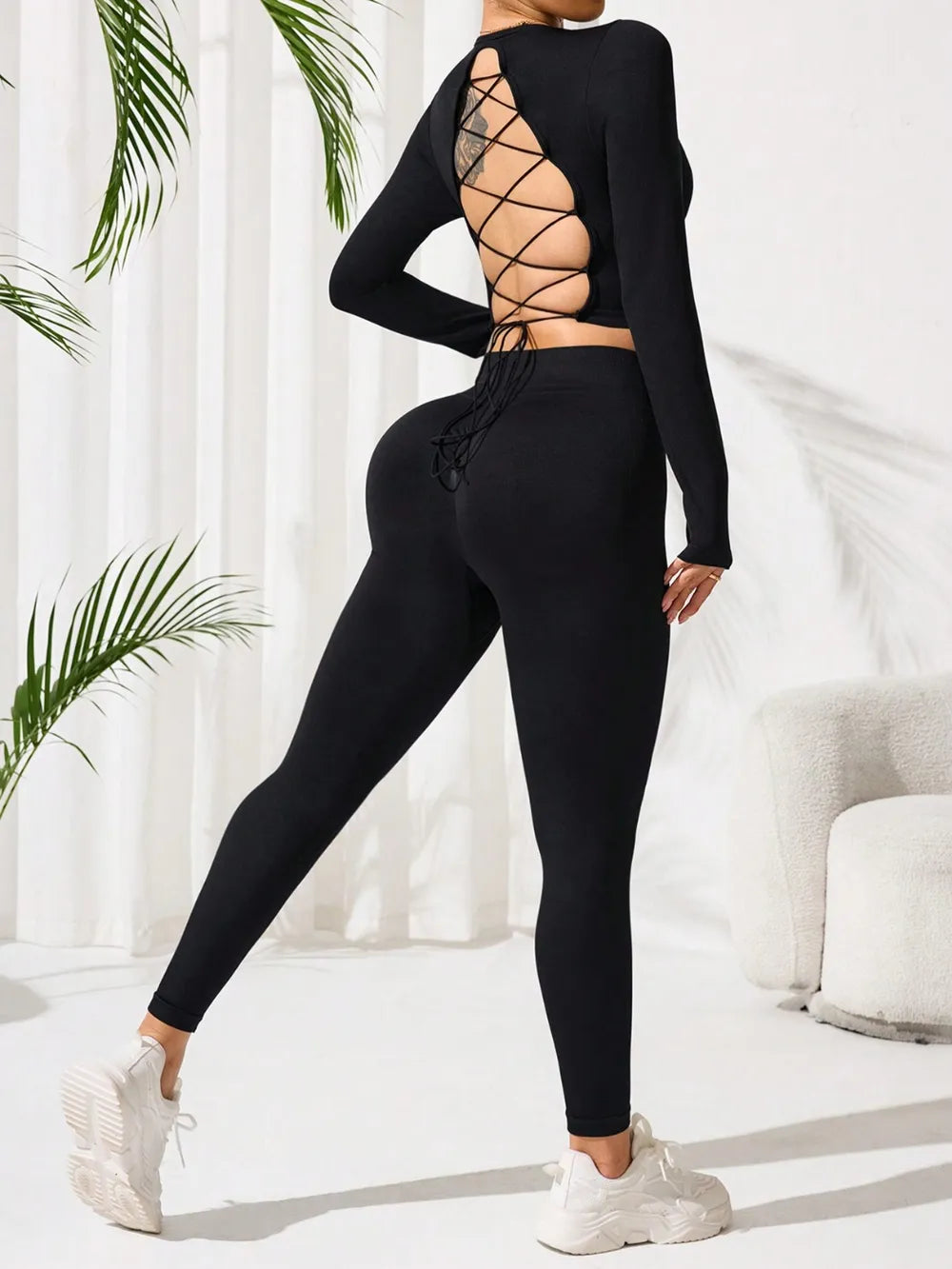 Lace-Up Back Round Neck Top and Leggings Active Set Easy Apparels