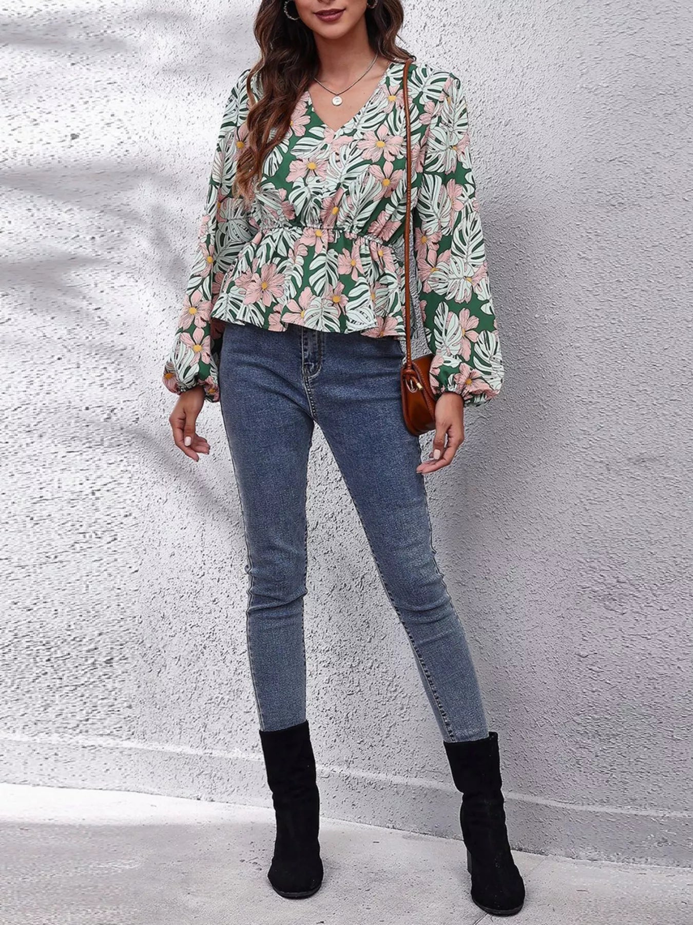 Trendsi Floral V-Neck Balloon Sleeve Blouse