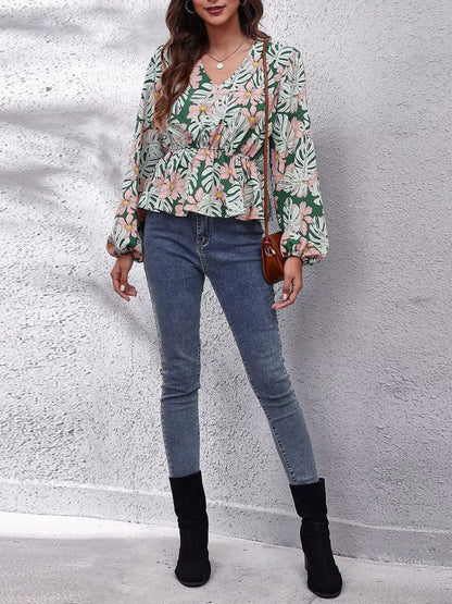 Trendsi Floral V-Neck Balloon Sleeve Blouse