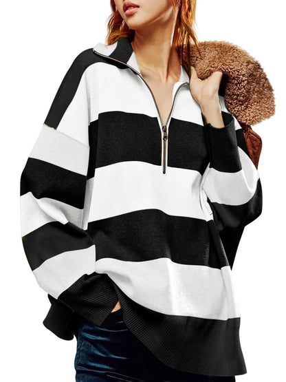 Trendsi Striped Half-Zip Oversized Sweatshirt Black