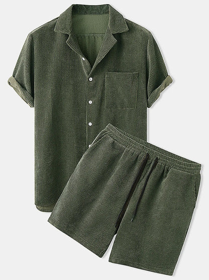 Men's Full Size Classic Textured Top and Shorts Set Plus Size Army Green Easy Apparels