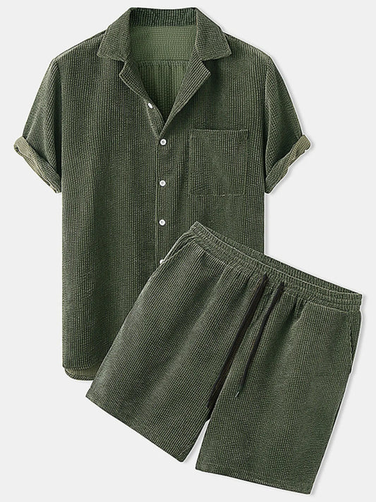 Men's Full Size Classic Textured Top and Shorts Set Plus Size Army Green Easy Apparels