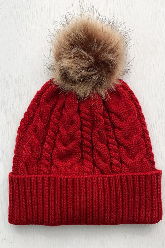 Cable-Knit Cuffed Hat with Pom-pom Scarlet One Size Easy Apparels