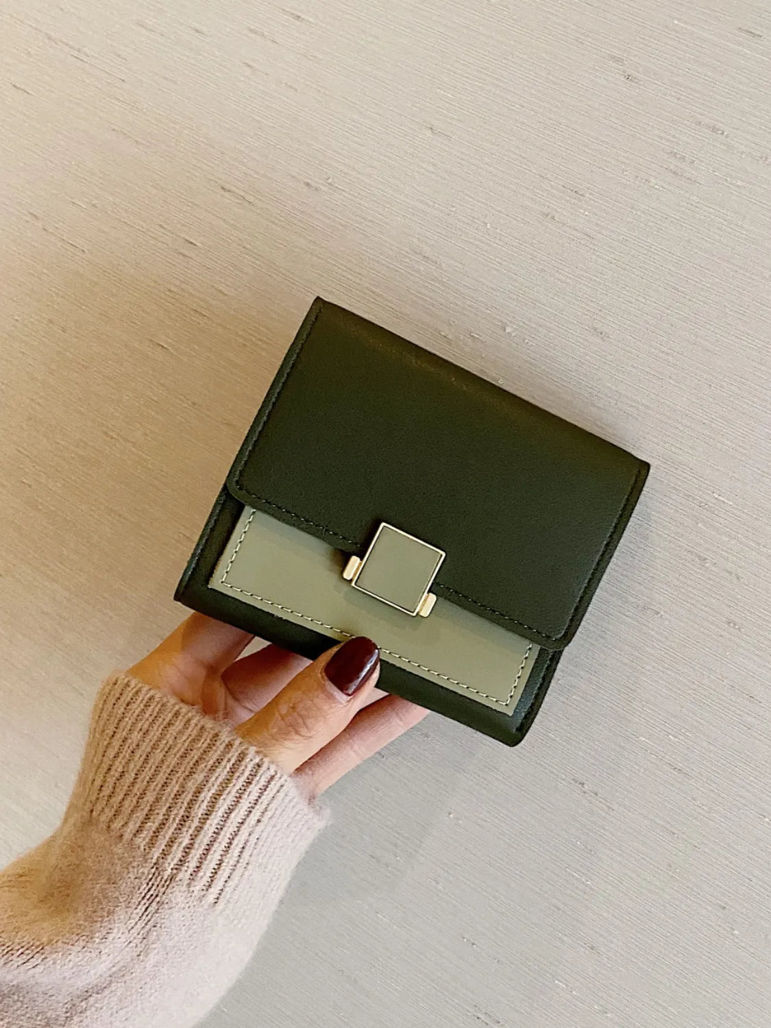 Contrast PU Leather Wallet Dark Green One Size Easy Apparels